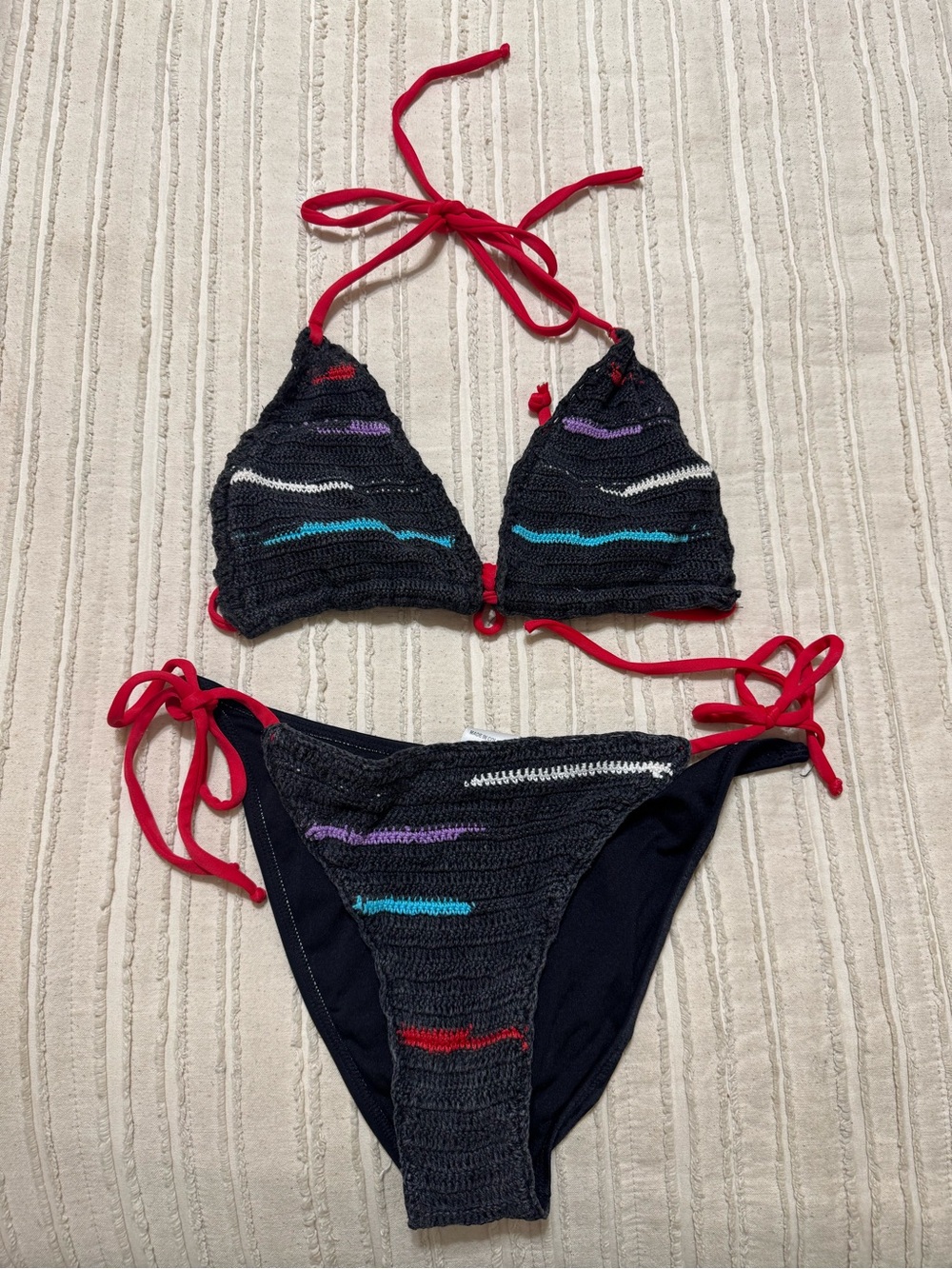 Black Crocheted Bikini Set with Red Tie Accents